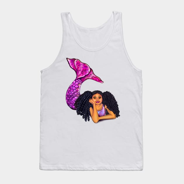 Magical rainbow mermaid lying on sand with brown eyes curly Afro hair and caramel skin, black mermaid Tank Top by Artonmytee